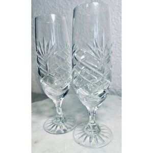 Vtg Crystal Champagne Flutes Set Of‎ 2 Elegant Toasting Glasses Starburst READ